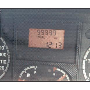 Two guys celebrate an odometer hitting 100,000.