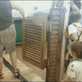 A swinging saloon door takes down a kid.